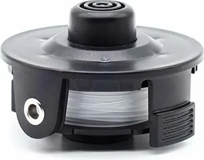 A close-up studio shot of a black trimmer head with white string on a white background.