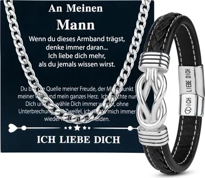 Produktbild von Lederarmband Herren Armband Halskette Set Geschenk Männer Vatertag Weihnachten