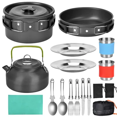 Produktbild von Kochset für Camping – Set für 1-2 Personen – Aluminium – Faltbar – Antihaftbeschichtung