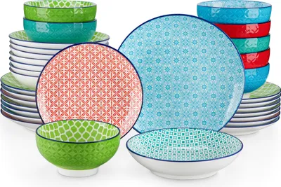 Produktbild von Stolní servis pro 8 osob, 32dílný kombinovaný servis z porcelánu, sada nádobí s jídelními talíři, dezertními talíři, polévkovými talíři a miskami, barevné provedení