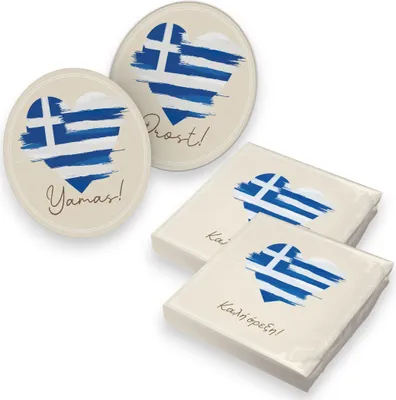 Produktbild von itenga 40x Servietten mit 40x Bierdeckel - Serviette Griechenland - Flagge - Herz