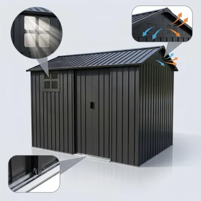 Produktbild von Gerätehaus Metall Gartenhaus 255x184x194cm verzinkter Stahl, rostfrei, wetterfest mit Schiebetür, Fenster & Lüftung