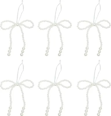 Produktbild von Weihnachtsbaumschmuck mit Schleifen aus Kunstperlen, weiße Schleifen aus Kunstperlen, hängender Schmuck, Schleifen-Baumspitze für Hochzeiten, Brautpartys, Babypartys und Geburtstagsdekorationen