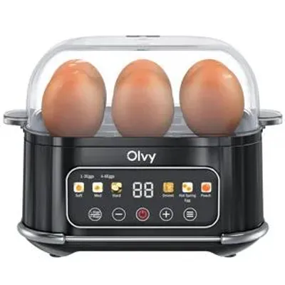 Productafbeelding van Olvy eierkoker voor 1-6 eieren met omelet- en gepocheerdei-functie – LCD-timer, automatische uitschakeling, BPA-vrij, gemakkelijk te reinigen, elektrisch en compact