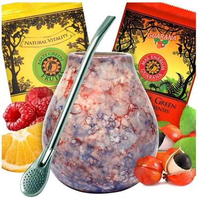 Obrázek produktu pro Startovací sada čaje Yerba Mate - brazilský čaj Mate 2x50g s guaranou a ovocem - keramický hrnek Caleidoscope 350ml - Bombilla 19cm