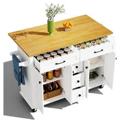 Produktbild von Küchenwagen mit Rollen, Kücheninsel mit Arbeitsplatte, Gewürz- und Handtuchhalter, 5 Schubladen, Schränken, Küchenrollwagen mit ausklappbarer Arbeitsplatte für Küche und Esszimmer, Weiß