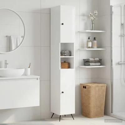 Image de Armoire de salle de bain exclusive BREDA, finition blanche haute brillance, avec étagère ouverte