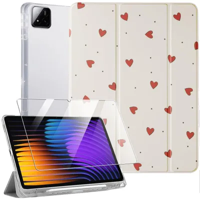 Image de Coque + Verre Trempé pour Xiaomi Pad 7 / 7 Pro, Anti-Rayures avec Porte-Stylet - Motif Cœur