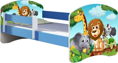 Produktbild von ACMA Jugendbett Kinderbett Junior-Bett Komplett-Set mit Matratze Lattenrost und Rausfallschutz Blau 02 Animals 140x70