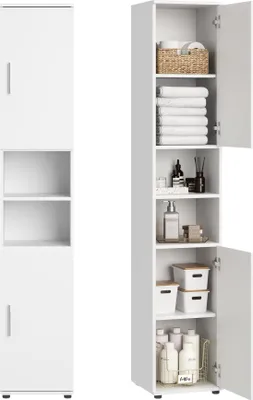 Two views of a tall, narrow white cabinet for storage, with one view showing the cabinet doors closed and the other showing the doors open and some items inside.