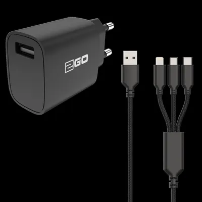 Produktbild von 2GO Ladegerät 15W inkl. Kabel 1xUSB-A 1xMicroUSB 1xLightn sw