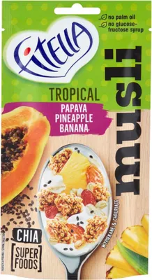 Zdjęcie produktu dla Fitella Musli Chrupkie Tropikalne Z Papają Ananasem Bananem I Nasionami Chia 50 G
