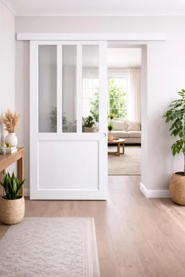 Immagine prodotto di Porta scorrevole da officina bianca H204 x L83 cm, binario in alluminio bianco, conchiglie bianche per GD MENUISERIES