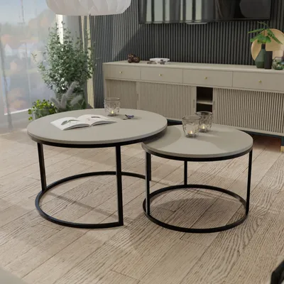 Produktbild von Skandinavischer 2er Set runder Couchtisch Lavo mit Metallgestell 2tlg. Sofatisch Moderner Stil Kaffeetisch Wohnzimmertisch Schwarz Kaschmir