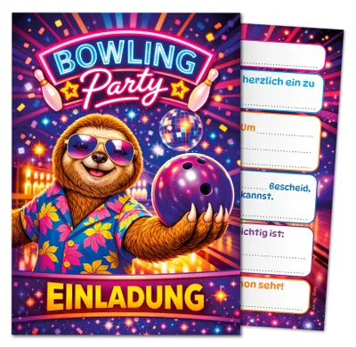12 Bowling-Einladungskarten für Kindergeburtstag, Faultier-Motiv