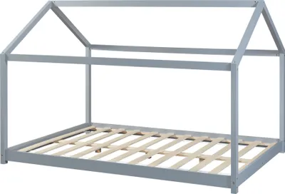 A grey house-shaped bed frame with a slatted base, shown against a white background.