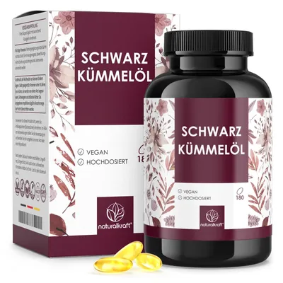 Produktbild von NATURALKRAFT® Schwarzkümmelöl Kapseln 1000 mg – 180 vegane Weichkapseln