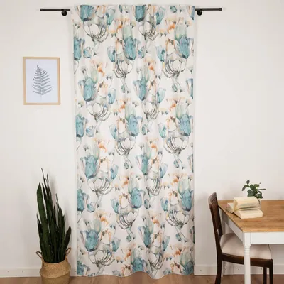 Produktbild von Vorhang Schlaufenband Leinenoptik Blumen ecru blau gelb 140x245cm