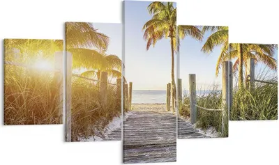 Produktbild von Bild auf Leinwand - Leinwandbild - 5 Teile - Strand Palmen Fußgängerbrücke - 125x70cm - Wand Bild - Wanddeko - Wandbilder - Leinwanddruck - Bilder - Wanddekoration - Leinwand bilder - EA125x70-4171
