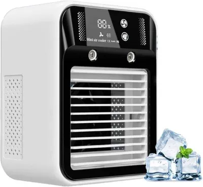 Produktbild von Portable Klimaanlage, oplaadbare Mini-Klimaanlage, Verdampferlüftkühlung, 2 Geschwindigkeiten, 2 Kaltluftstrahlen, digitales Display, portable Klimaanlage für Auto, Schlafzimmer, Büro, Camping
