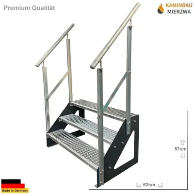 Produktbild von Freistehende Stahl- Wangen Treppe 3 Stufen und Geländer Verzinkt / Wangen Anthrazit /Beidseitiges Geländer - (L x B x H) 62cm x 80cm x 57cm