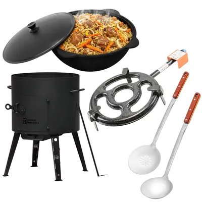 Produktbild von Outdoor Kochset mit Feuerstelle Ø40 cm 2 mm Stahl Gusseisen Kasan 12L aus Namangan mit Aluminiumdeckel Gasbrenner Dutch Oven Set Schaumkelle Suppenkelle