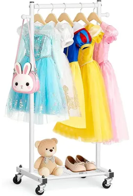 Image de Porte-vêtements pour enfants sur roulettes, 114 cm, métal blanc, avec étagère, design étroit