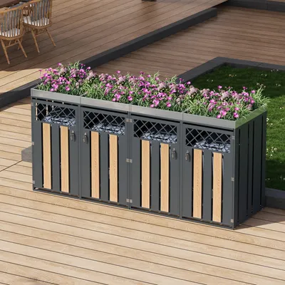 Produktbild von Merax abschließbare Mülltonnenbox 2er mit Pflanzkasten, Doppel Mülltonnen Verkleidung mit 2 Türen aus Rauten Belüftung und Stahl, Garten,Holzoptik Grau