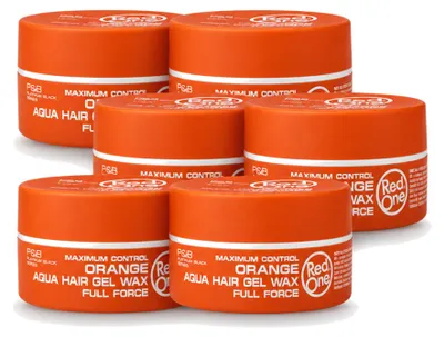 Immagine prodotto di 6 confezioni di cera modellante arancione "Red One Aqua", per capelli: tenuta forte e lucentezza, formato da 150 ml. Confezione da 6 pezzi