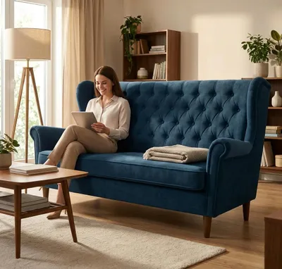 Produktbild von Schlafsofa DIANA Royal – Gesteppt, Velours in Blau, Family Meble, KI-generiertes Bild