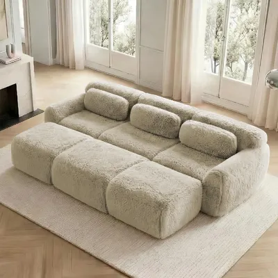 Produktbild von Modulares Schlafsofa 3-Sitzer mit 3 Ottomans, Flauschplüsch Stoff, weiches Polstersofa für Wohnzimmer