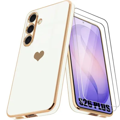 Image de Coque + 2 Verres Trempés pour Samsung Galaxy S26 Plus, Silicone avec Motif Cœur Protection Antichoc Souple Slim Blanc