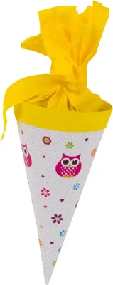 Produktbild von Geschenktüte Eule Lackkarton mit Filzverschluss 15 cm weiß pink Goldbuch