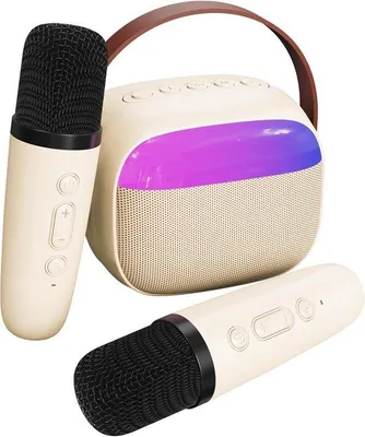 Obrázek produktu pro Mini reproduktor pro děti, přenosný Bluetooth reproduktor se 2 bezdrátovými mikrofony a dynamickými světly pro děti i dospělé, vánoční dárek pro chlapce a dívky (béžový)