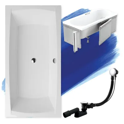 Zdjęcie produktu dla Wanna Akrylowa Zestaw 4w1 Prostokątna 140x70 Biała + Zabudowa Styropianowa, Nowoczesny Chrom Premium Syfon i Nogi (stelaż) w komplecie | BADLAND APRI