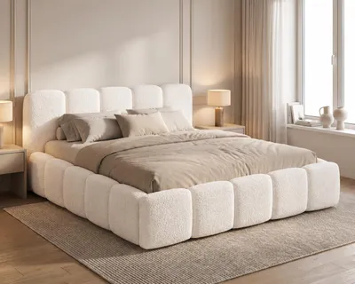 Obrázok produktu pre Čalúnená posteľ Bouclé 160x200 Vorello s úložným priestorom, kovový rošt - posteľ ako oblak, moderný dizajn - krémová farba