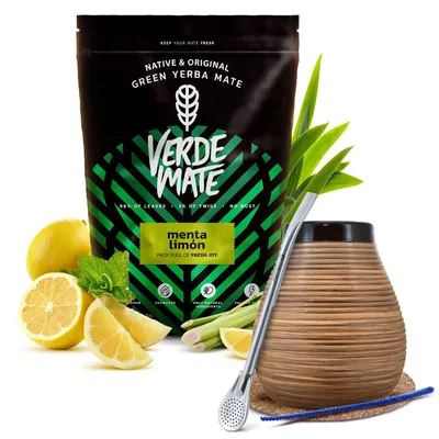 Produktbild von Verde Mate - Mate Tee Set Menta Limon 500g - Dicke Blätter 5mm - Luftgetrocknet, Mild - Mate Becher 350ml, Bombilla - Yerba Mate Brasilien
