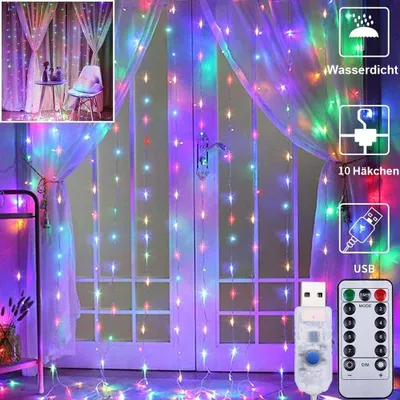 Produktbild von 3X3M 300 LED Lichtervorhang 8 Lichtmodi Innen Außen Weihnachten Deko USB Lichterkette mit Fernbedienung, Bunt
