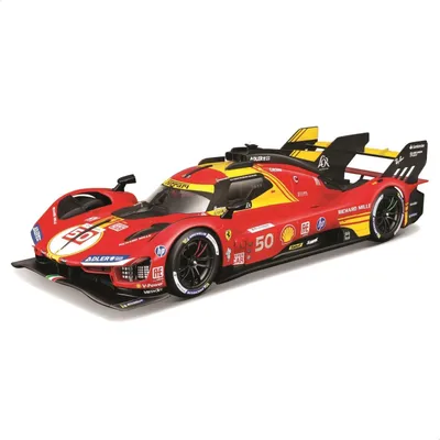 A red and yellow Ferrari 499P LMH race car model.
