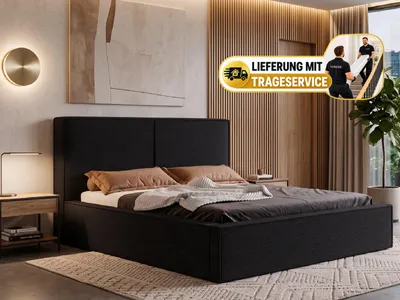 Produktbild von Polsterbett MADERO 200x200 cm mit Bettkasten, Stauraum und Metall-Lattenrost – Bouclé Stoff Schwarz