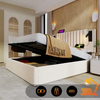 A bedroom scene featuring a bed with its storage compartment open, displaying items inside. The bed has a headboard with integrated lighting and charging ports.