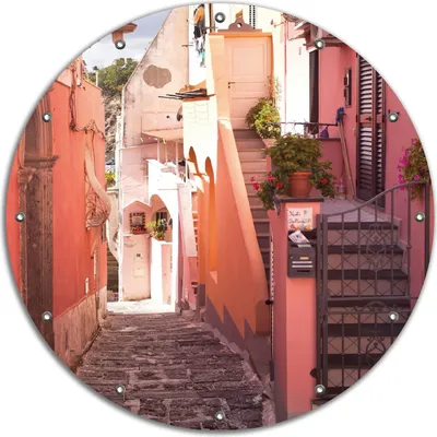 Produktbild von Wallario rundes Outdoor-Poster für Garten oder Balkon, Motiv Südländische Gasse- Italien bei Sonnenschein, 90 cm Durchmesser