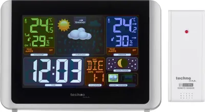 A digital weather station and its remote sensor are displayed against a white and gray background.