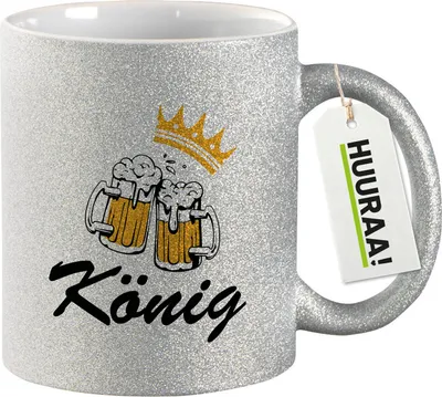 Produktbild von Huuraa Glitzertasse König Schützenfest 330ml Silber Keramik Kaffeebecher Geschenkidee
