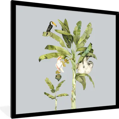 Produktbild von MuchoWow® Gerahmtes Poster Palme - Faultier - Tukan 40x40 cm - Poster mit Schwarzem Bilderrahmen Wandposter Rahmen Foto Bilder - Mit Rahmen - Wanddekoration Schlafzimmer