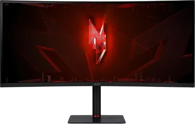 A gaming monitor with a red logo on the screen.