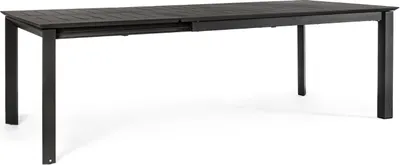 A dark gray outdoor dining table with a slatted top and metal legs, shown against a white background.