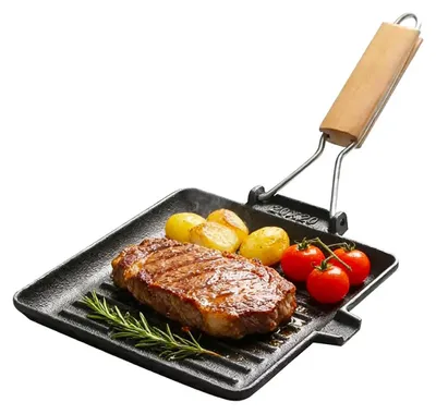 Immagine prodotto di Omgoods - Padella in ghisa per bistecche con manico in legno, 20 x 20 cm