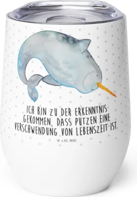 Produktbild von Mr. & Mrs. Panda Thermo Becher Narwal - Weiß - Geschenk, kaffee tasse, glühweinbecher, Hausfrau, Wal, thermosbecher, Aufräumen, Kinderzimmer, Thermobecher, Meer, Putzen