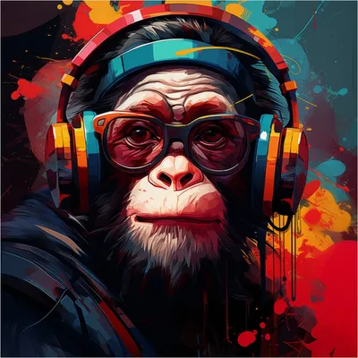 Produktbild von Wallario Premium Glasbild, freischwebende Optik, kräftige Farben, Größe 50 x 50 cm Motiv Chimp - Musik